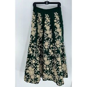 Women's Green Gold Satin Embroidered Indian Skirt With Beaded Drawstring